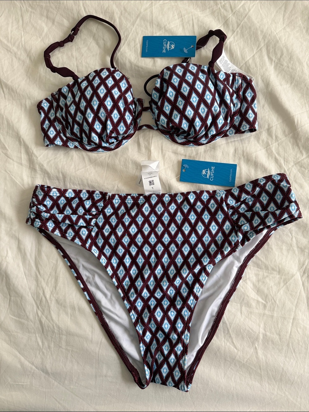 Cupshe Burgundy & Light Blue Geometric Push-Up Bikini Set